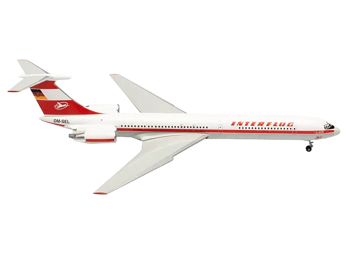 GeminiJets Ilyushin IL-62M Commercial Aircraft "Interflug" (DDR-SEO) White with Red Stripes and Tail 1/200 Diecast Model Airplane by Herpa