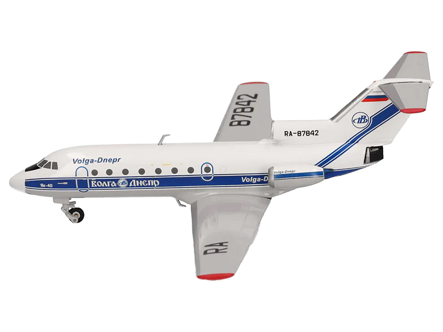 Herpa Yakovlev Yak-40 Commercial Aircraft "Volga-Dnepr Airlines" (RA-87842) White with Blue Stripes 1/200 Diecast Model Airplane by Herpa