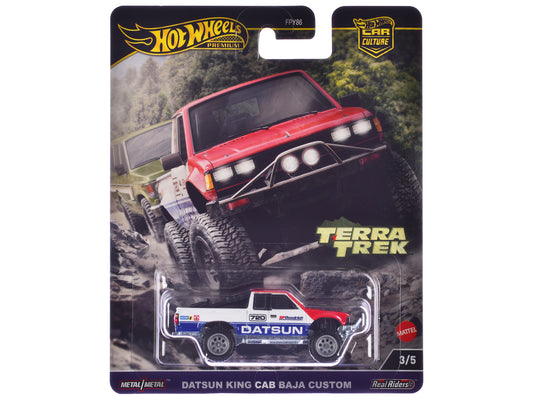 Hotwheels Datsun King Cab Baja Custom Pickup Truck #720 White and Blue with Red Hood "Terra Trek" Series Diecast Model Car by Hot Wheels