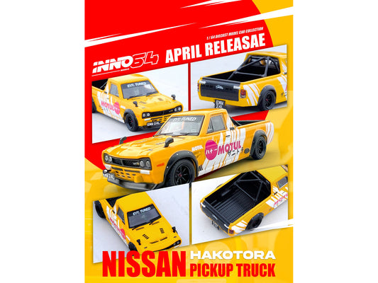 Inno Models Nissan Sunny "Hakotora" Pickup Truck RHD (Right Hand Drive) "Motul" Yellow with White Stripes 1/64 Diecast Model Car by Inno Models