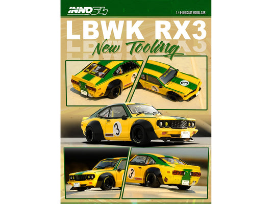 Inno Models Mazda RX-3 Liberty Walk RHD (Right Hand Drive) #3 "Savanna" Yellow with Green Stripes 1/64 Diecast Model Car by Inno Models