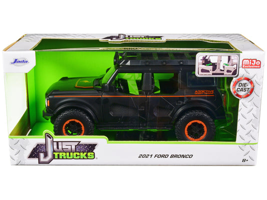 Jada 2021 Ford Bronco Matt Black with Orange Stripes and Roof Rack "Addictive Desert Designs" "Just Trucks" Series 1/24 Diecast Model Car by Jada