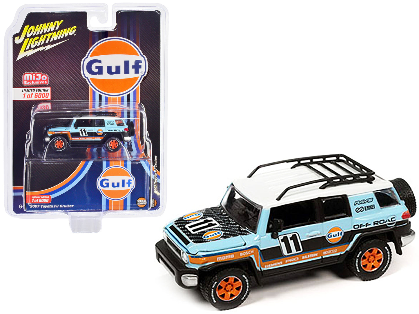Johnny Lightning 2007 Toyota FJ Cruiser #11 Light Blue "Gulf Oil" with Roofrack Limited Edition to 6000 pieces Worldwide 1/64 Diecast Model Car by Johnny Lightning