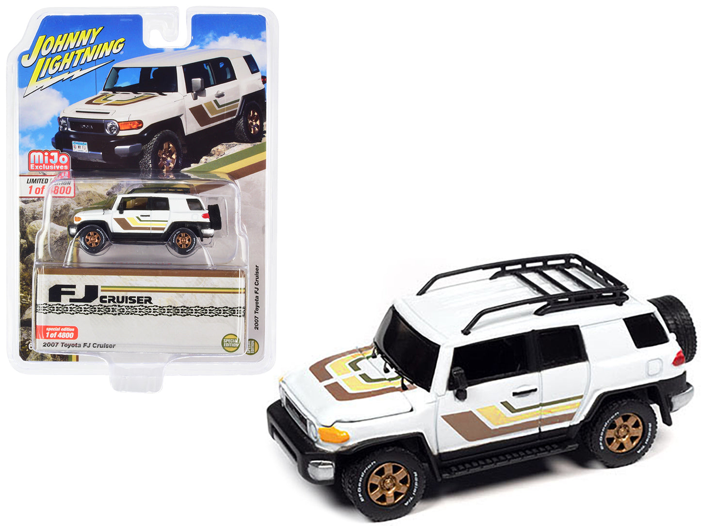 Johnny Lightning 2007 Toyota FJ Cruiser White with Stripes and Roofrack Limited Edition to 4800 pieces Worldwide 1/64 Diecast Model Car by Johnny Lightning