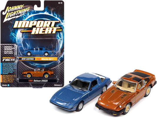 Johnny Lightning 1982 Mazda RX-7 Blue Metallic and 1981 Datsun 280ZX Orange Mist Metallic "Import Heat" Set of 2 Cars 1/64 Diecast Model Cars by Johnny Lightning