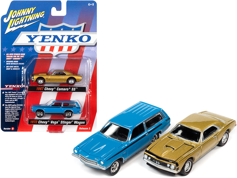 Johnny Lightning 1967 Chevrolet Camaro SS Gold Metallic and 1972 Chevrolet Vega Stinger Wagon Blue "YENKO" Set of 2 Cars 1/64 Diecast Model Cars by Johnny Lightning
