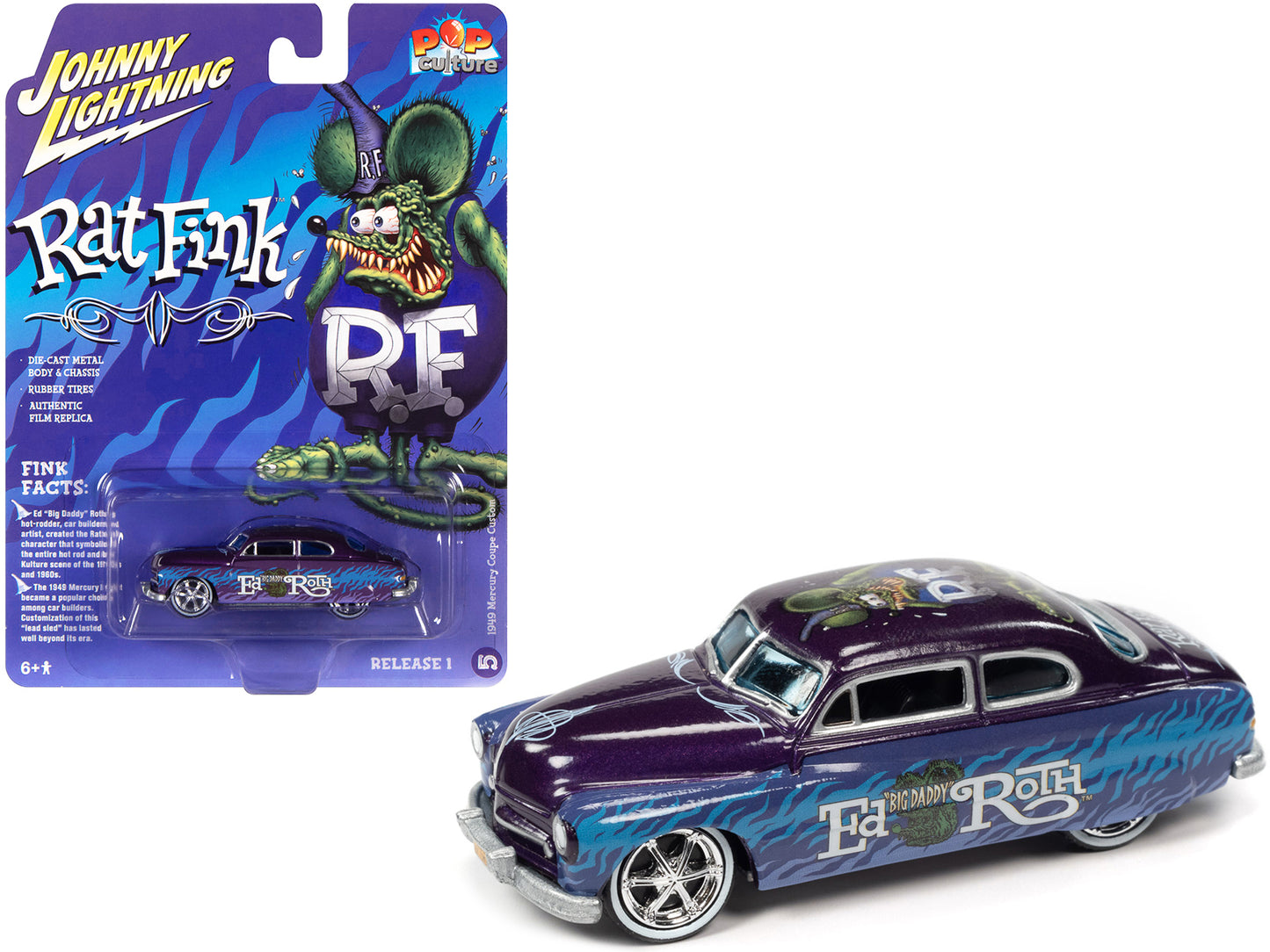 Johnny Lightning 1949 Mercury Coupe Custom Purple Metallic with Graphics "Rat Fink" "Pop Culture" 2022 Release 1 1/64 Diecast Model Car by Johnny Lightning