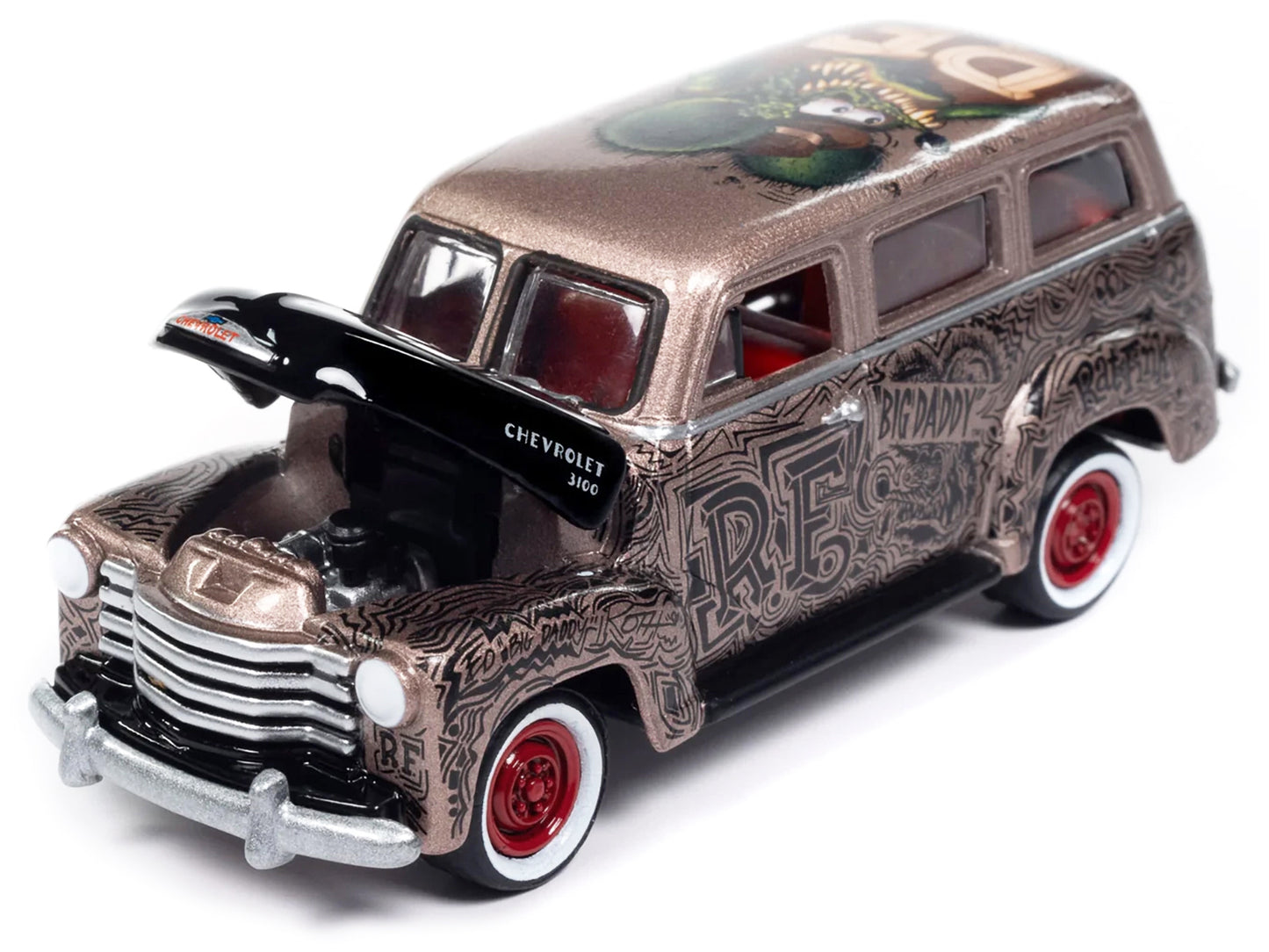 Johnny Lightning 1950 Chevrolet 3100 Suburban Bronze Metallic with Black Hood "Rat Fink" Pop Culture 2024 Release 1 1/64 Diecast Model Car by Johnny Lightning
