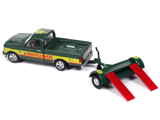 Johnny Lightning 1993 Ford F-150 Pickup Truck Green and Yellow "Mayflower" with Tow Dolly "Tow & Go" Series 1/64 Diecast Model Car by Johnny Lightning