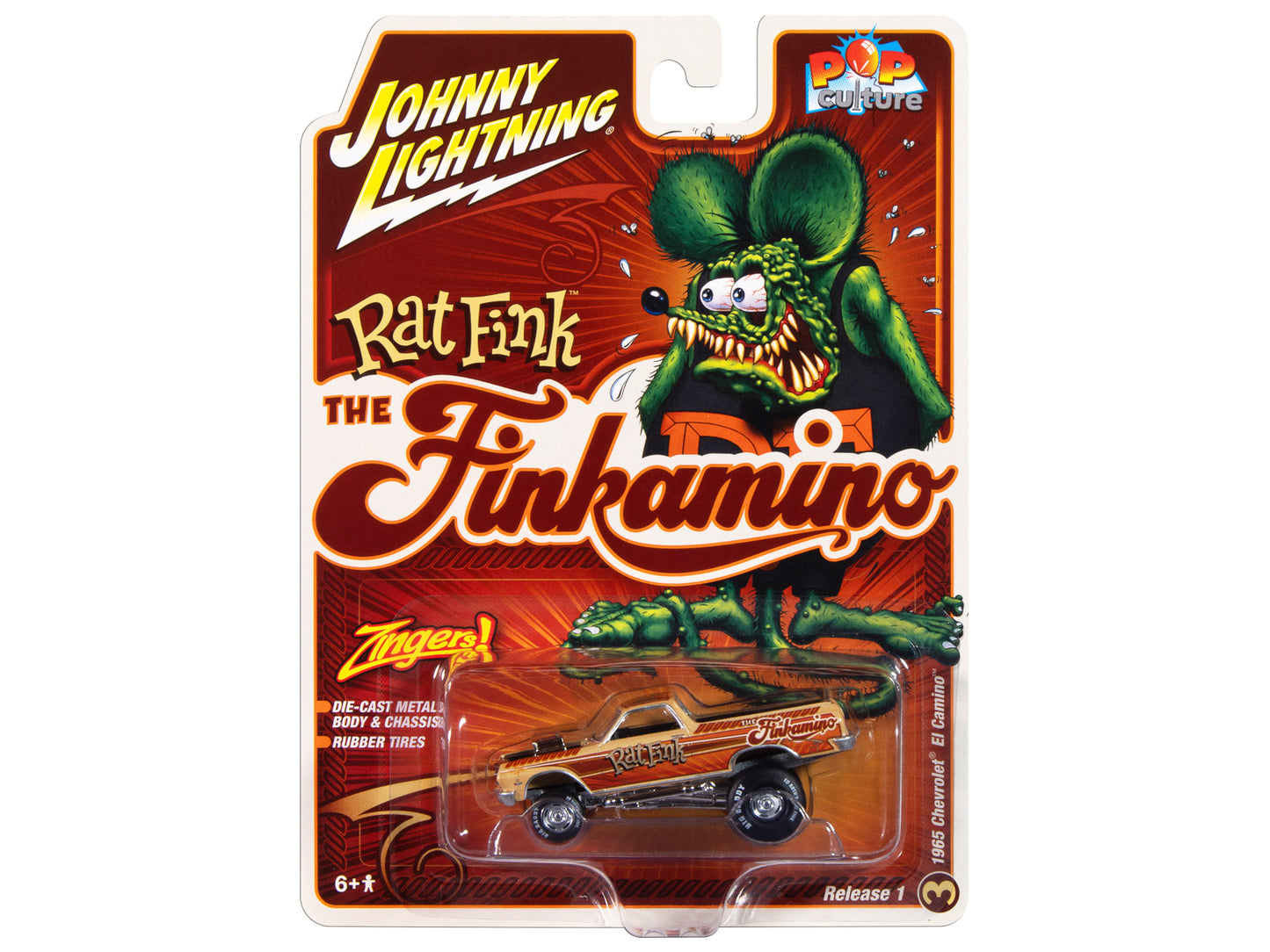 Johnny Lightning 1965 Chevrolet El Camino Zinger "Finkamino" Beige with Graphics "Rat Fink" "Pop Culture" 2025 Release 1 1/64 Diecast Model Car by Johnny Lightning