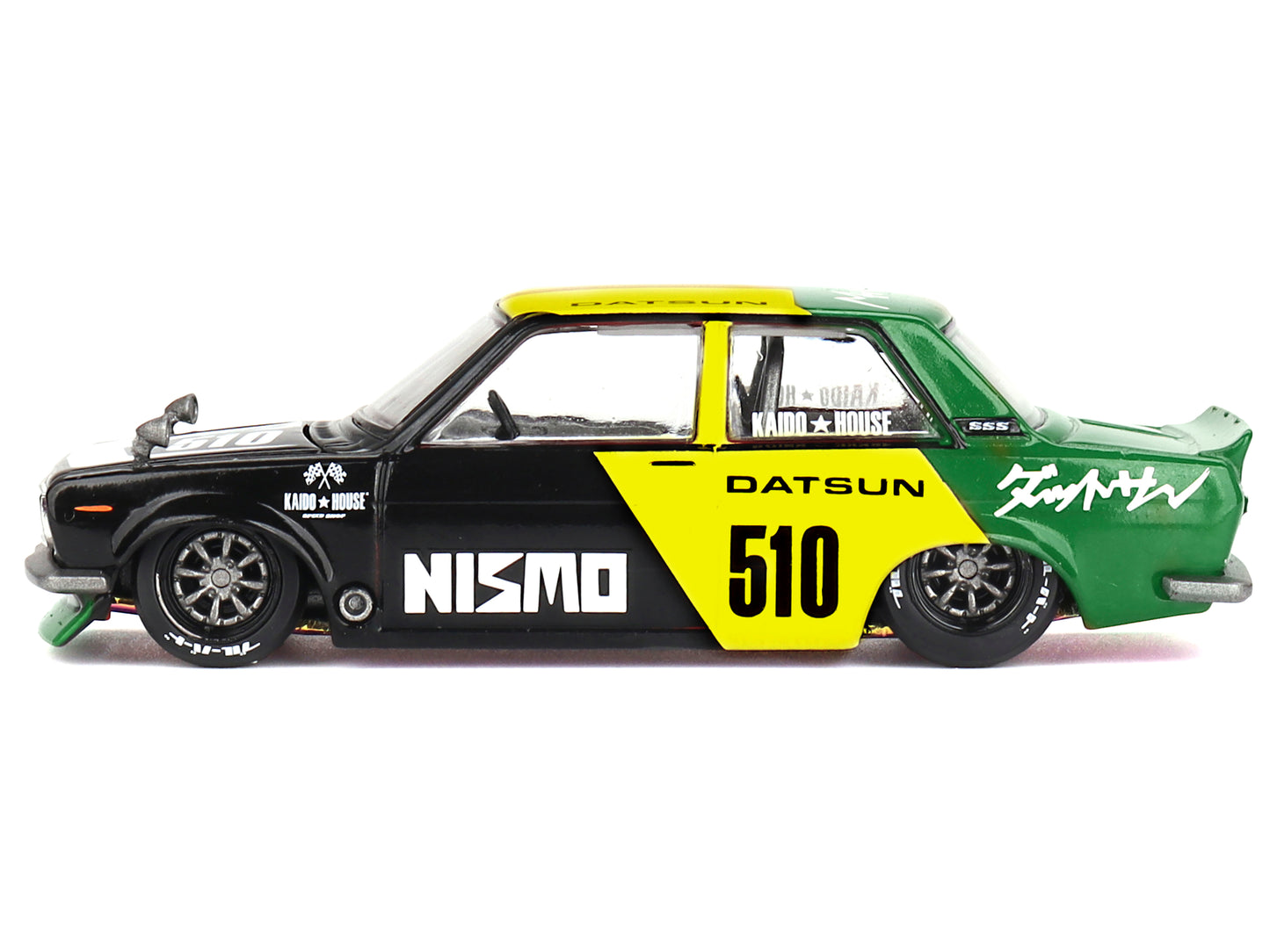 Mini GT Datsun Street 510 "Racing V2" Black and Green with Yellow Accents (Designed by Jun Imai) "Kaido House" Special 1/64 Diecast Model Car by Mini GT