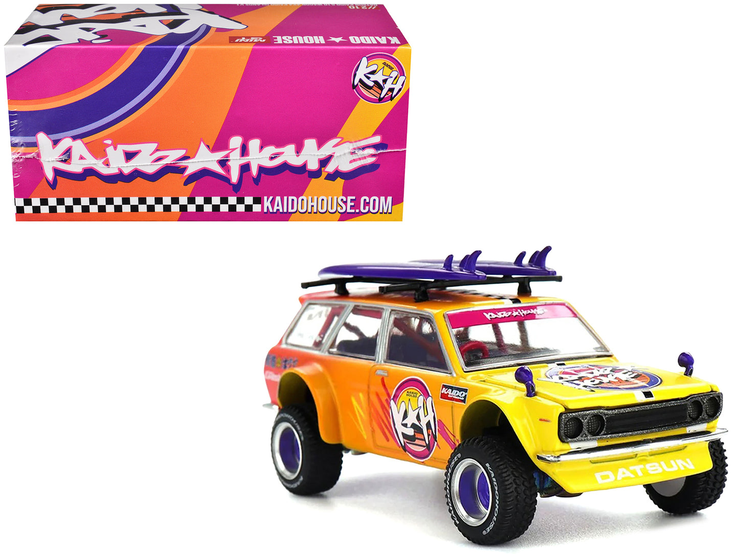 Datsun Kaido 510 Wagon 4x4 RHD (Right Hand Drive) "Kaido Islands V1" Yellow to Red Gradient with Surfboards (Designed by Jun Imai) "Kaido House" Special 1/64 Diecast Model Car by Mini GT