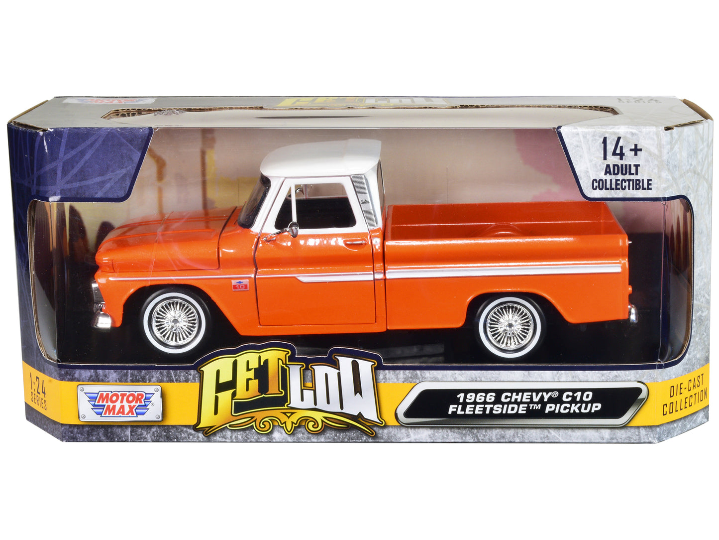 Motormax 1966 Chevrolet C10 Fleetside Pickup Truck Lowrider Orange Metallic with White Top "Get Low" Series 1/24 Diecast Model Car by Motormax