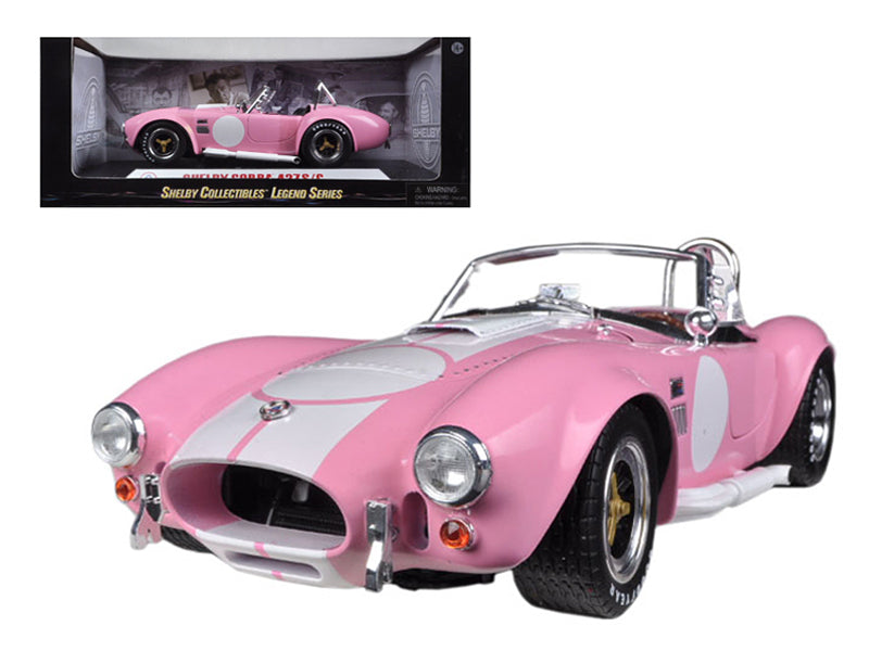 Shelby Collectibles 1965 Shelby Cobra 427 S/C Pink with White Stripes with Printed Carroll Shelby Signature's on the Trunk 1/18 Diecast Model Car by Shelby Collectibles