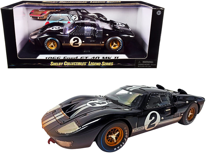 Shelby Collectibles 1966 Ford GT-40 MK II #2 Black with Silver Stripes After Race (Dirty Version) 1/18 Diecast Model Car by Shelby Collectibles