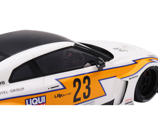Top Speed Nissan LB-Silhouette WORKS GT 35GT-RR Ver.1 RHD (Right Hand Drive) #23 White with Yellow Stripes "LB Racing" 1/18 Model Car by Top Speed