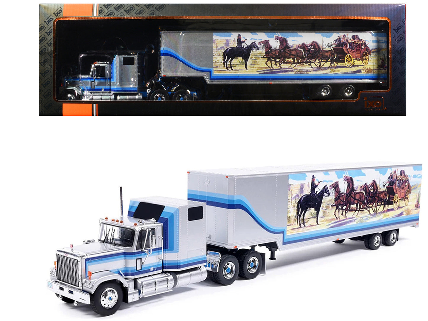 1980 GMC General Truck Tractor with Sleeper Cab and Trailer Silver Metallic with Blue Stripes 1/43 Diecast Model by IXO Models