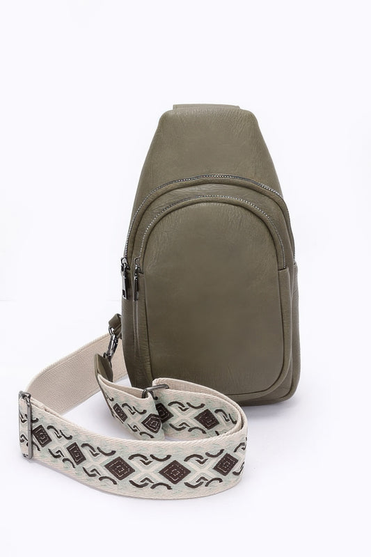 Faux Leather Sling Bag W/multi Color Strap