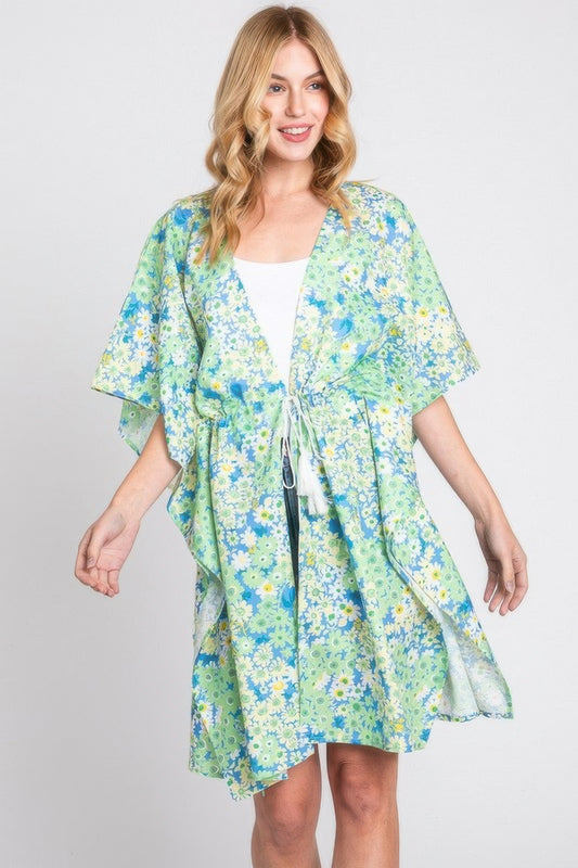 Flower Print Self-tie Drawstring Open Front Cover