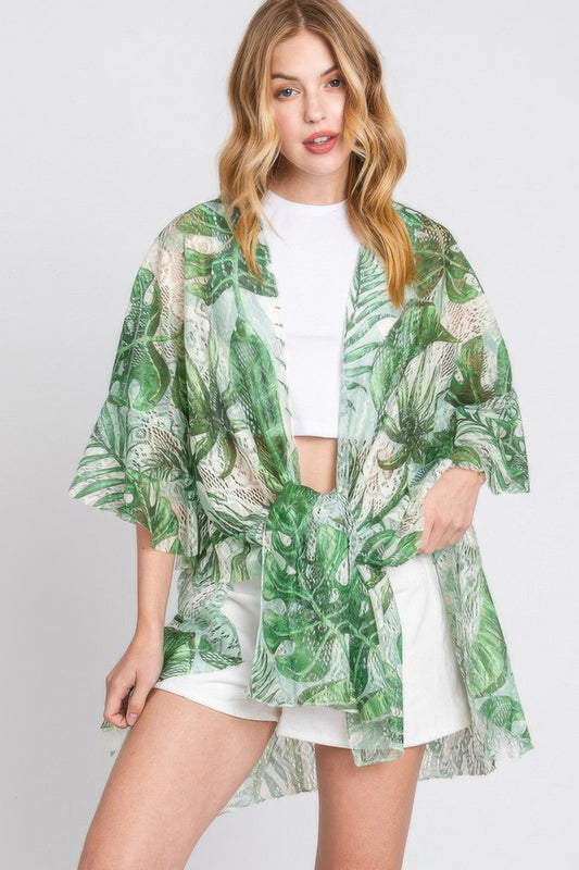 Ruffle Lined Tropical Leaves Print Open Frontcover