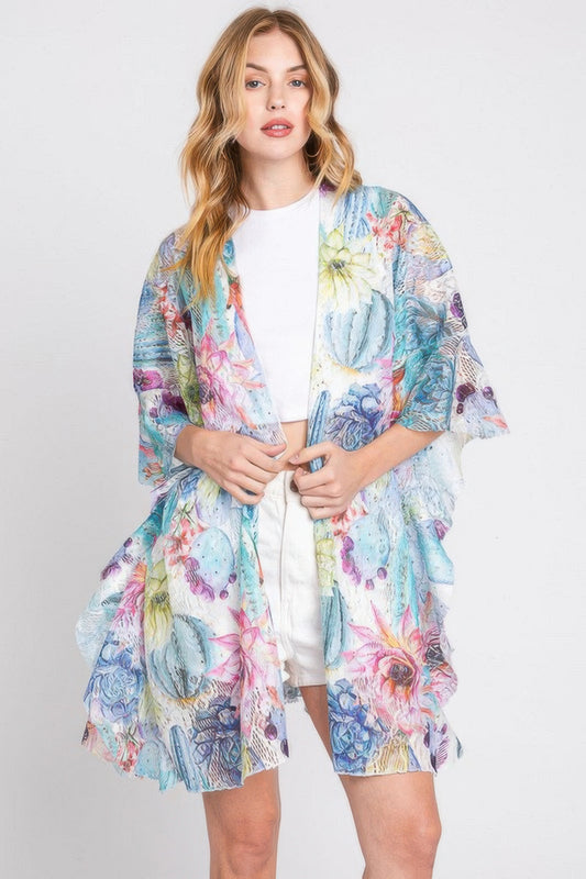Ruffle Lined Cactus Print Open Front Cover Up