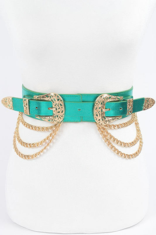 Metallic Two Buckle Chain Waist Belt