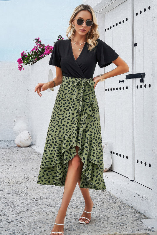 Cross Color Block Lace V Neck Belt Print Dress