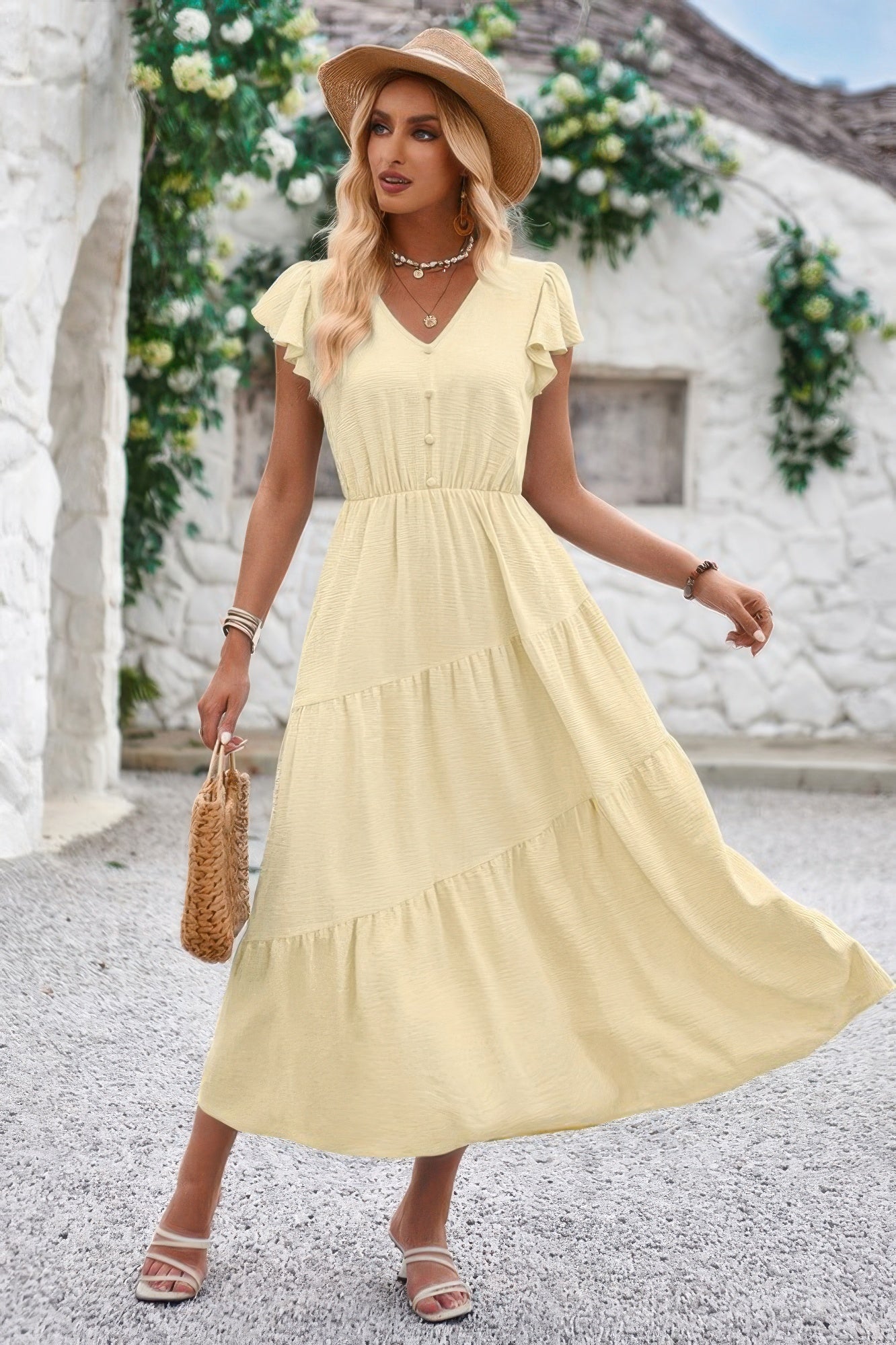 V Neck Flutter Short Sleeve Layered Pleated Dress