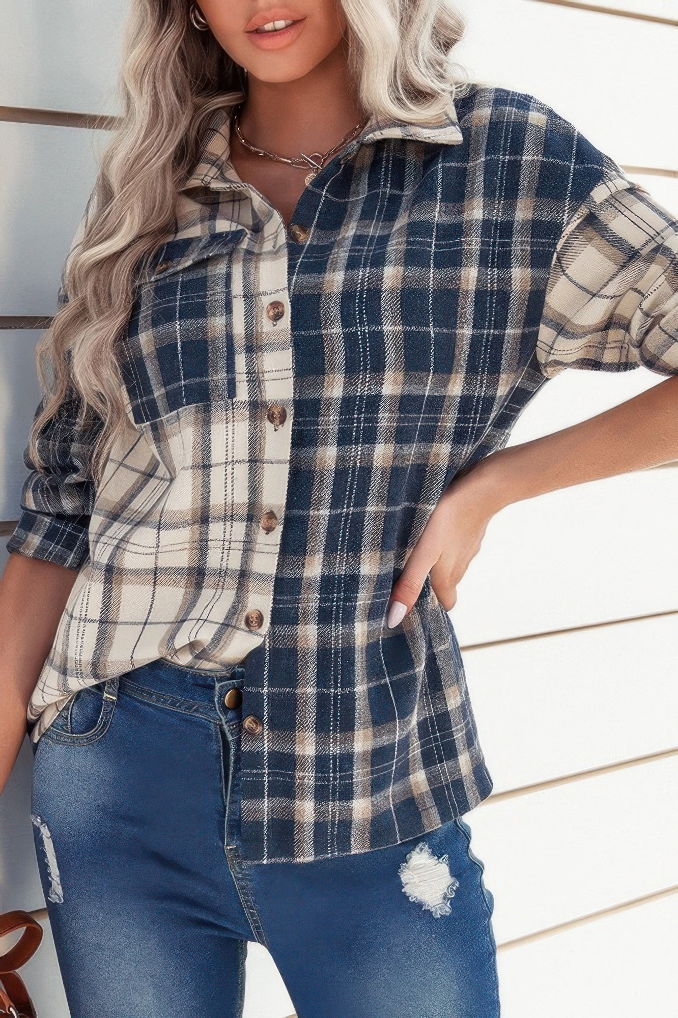 Plaid Block Lapel Collar Loose Button Down Shirt