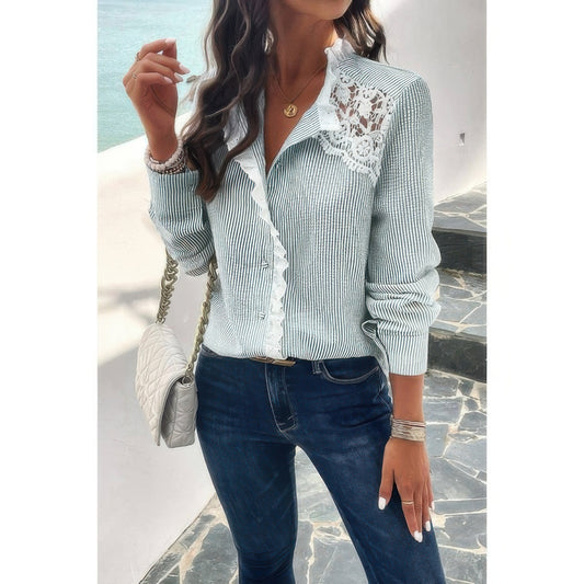 Colorblock Guipure Lace Insert Button Front Shirt