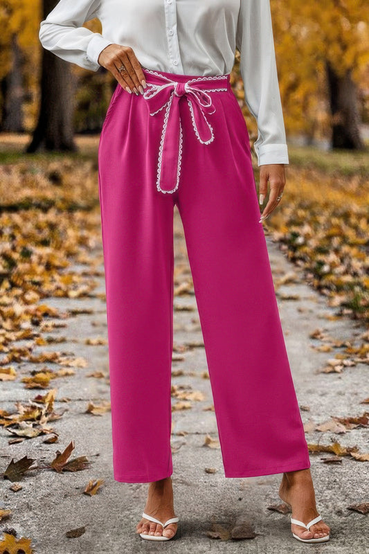 Straight Leg Elastic High Waist Lace Tie Trim Pant