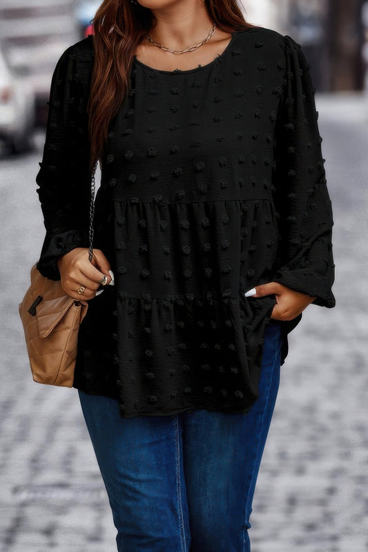Plus Swiss Dot Round Neck Ruffle Hem Blouse