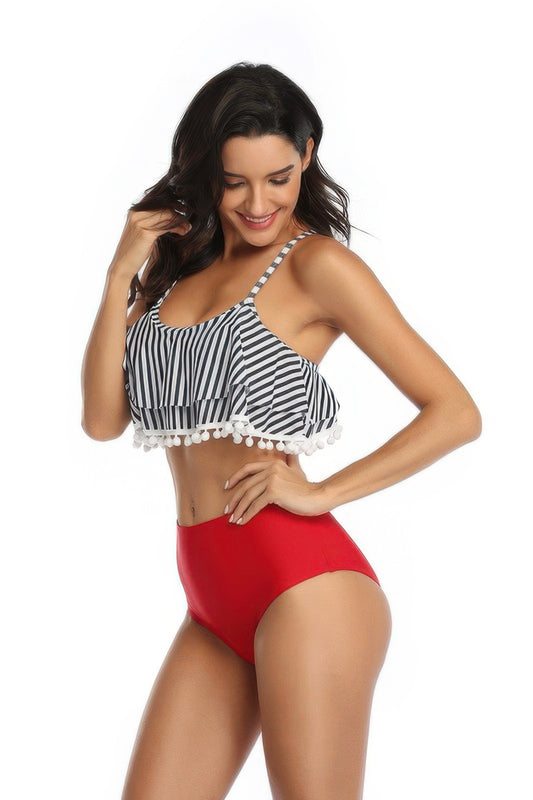 Strip Sleeveless High Waist Ruffle Bikini Sets