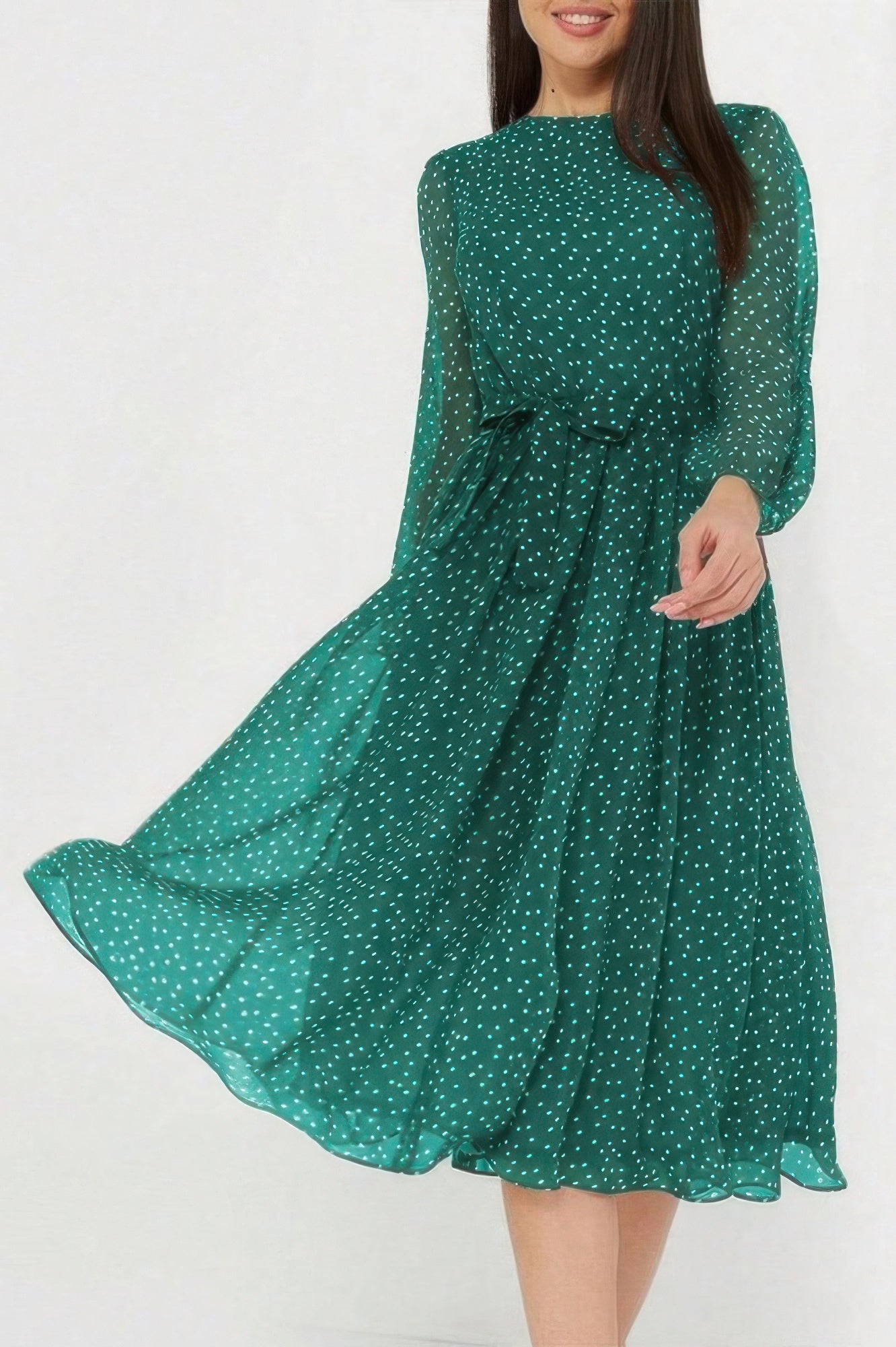 Dot Print Lantern Sleeve Belted Midi Dress