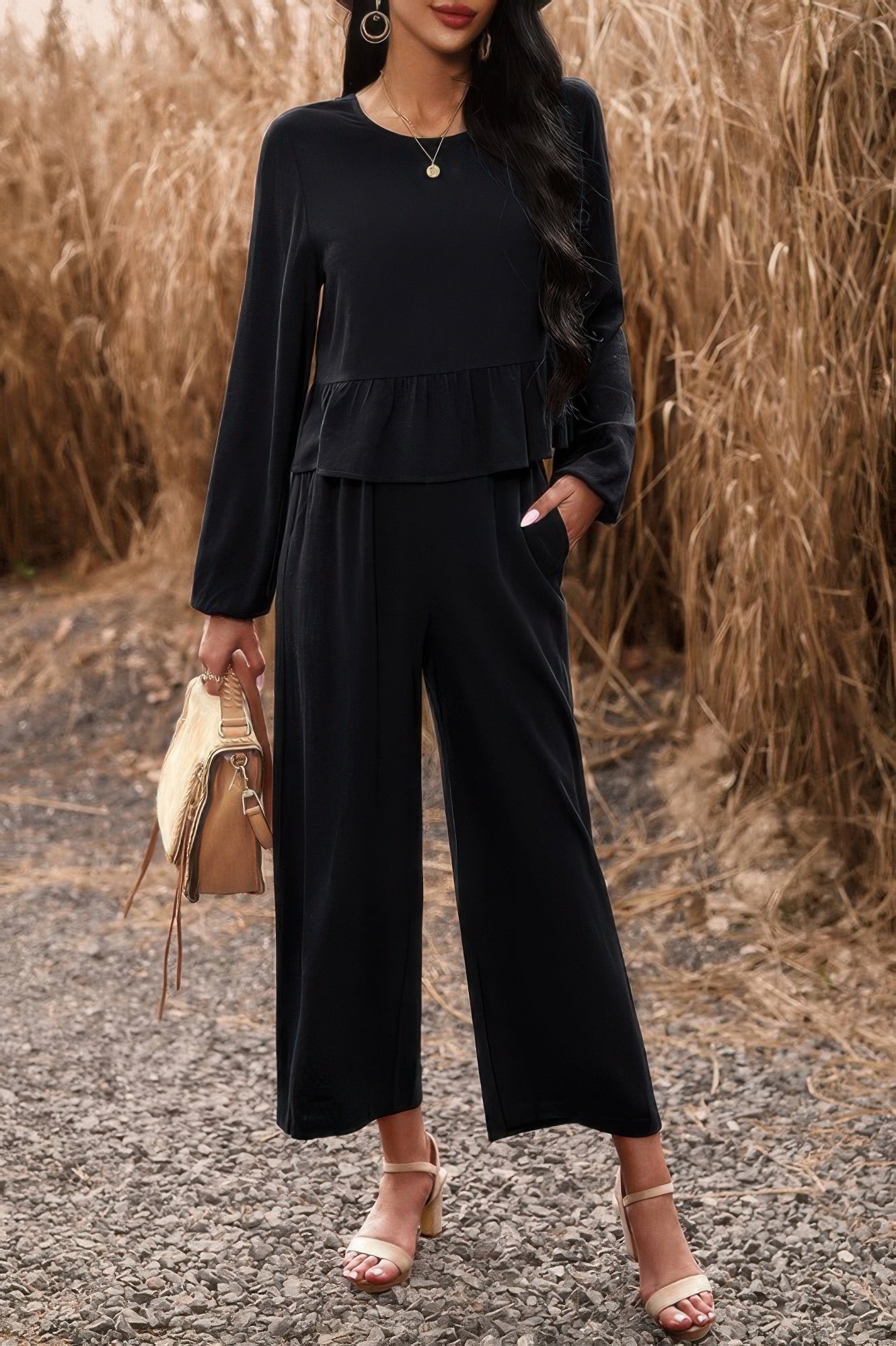Two Pieces Button Back Ruffle Plain Pocket Sets