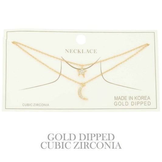 Cz Gold Plated Moon And Star Pendant Necklace
