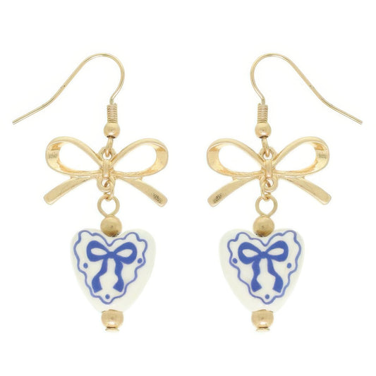 Ceramic Heart Charm Bow Earrings