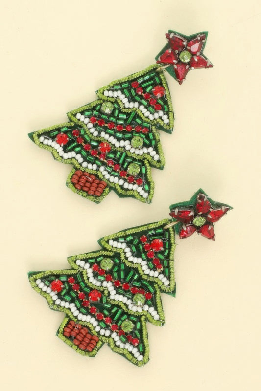Christmas Tree Seed Beaded Post Earrings