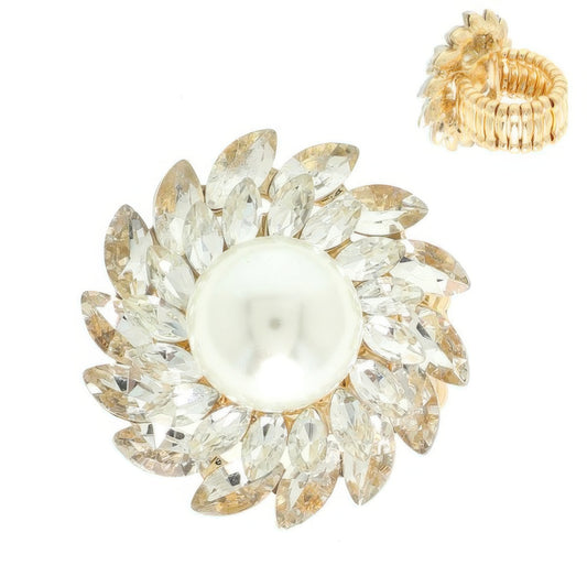 Crystal And Pearl Flower Stretch Ring