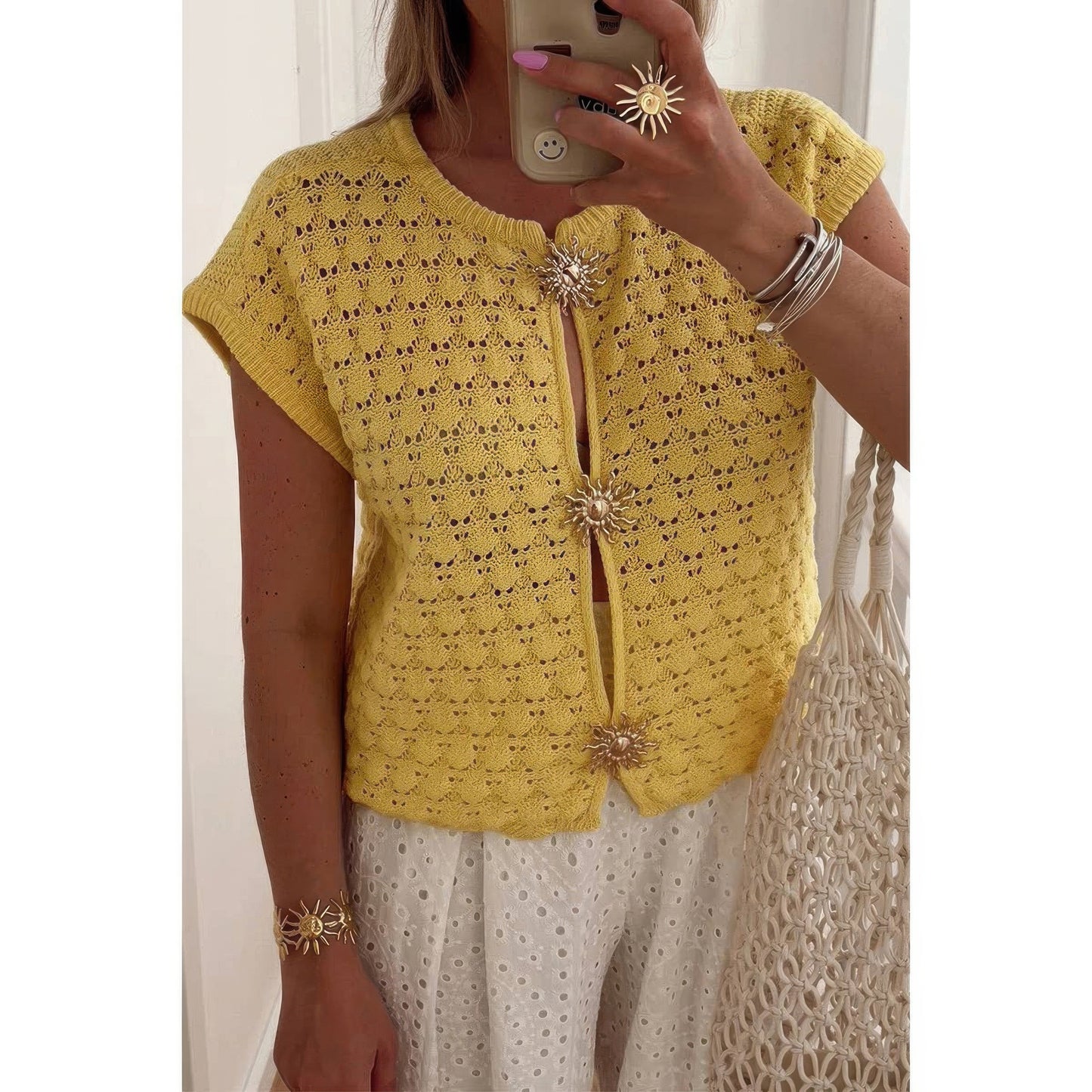 Crochet Short Sleeve Button Front Sweater