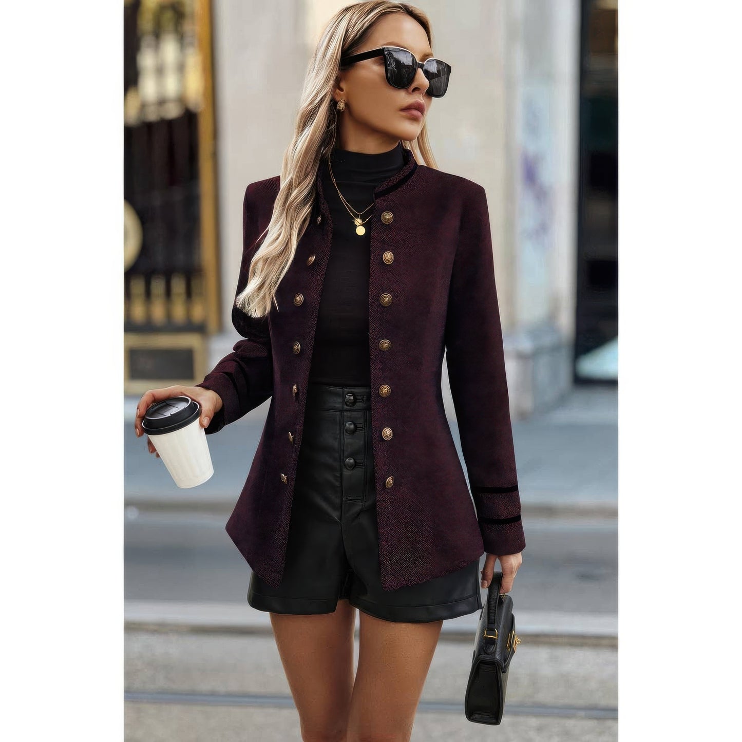 Solid Decorative Button Stand Collar Jacket