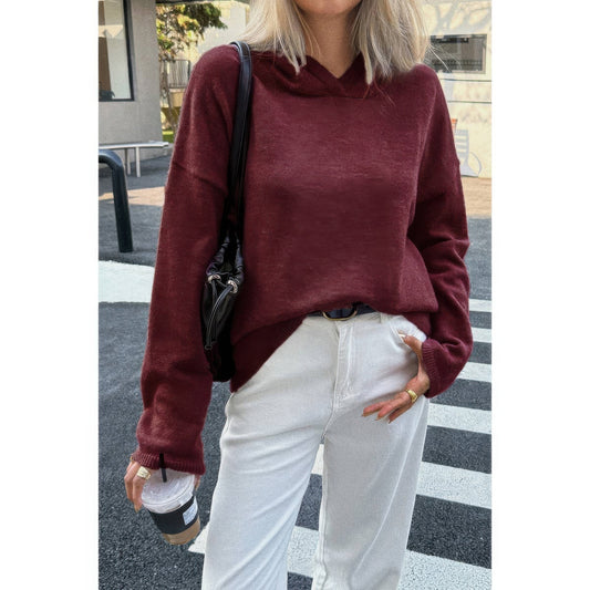 Solid Knit Long Sleeve Loose Hooded Sweater