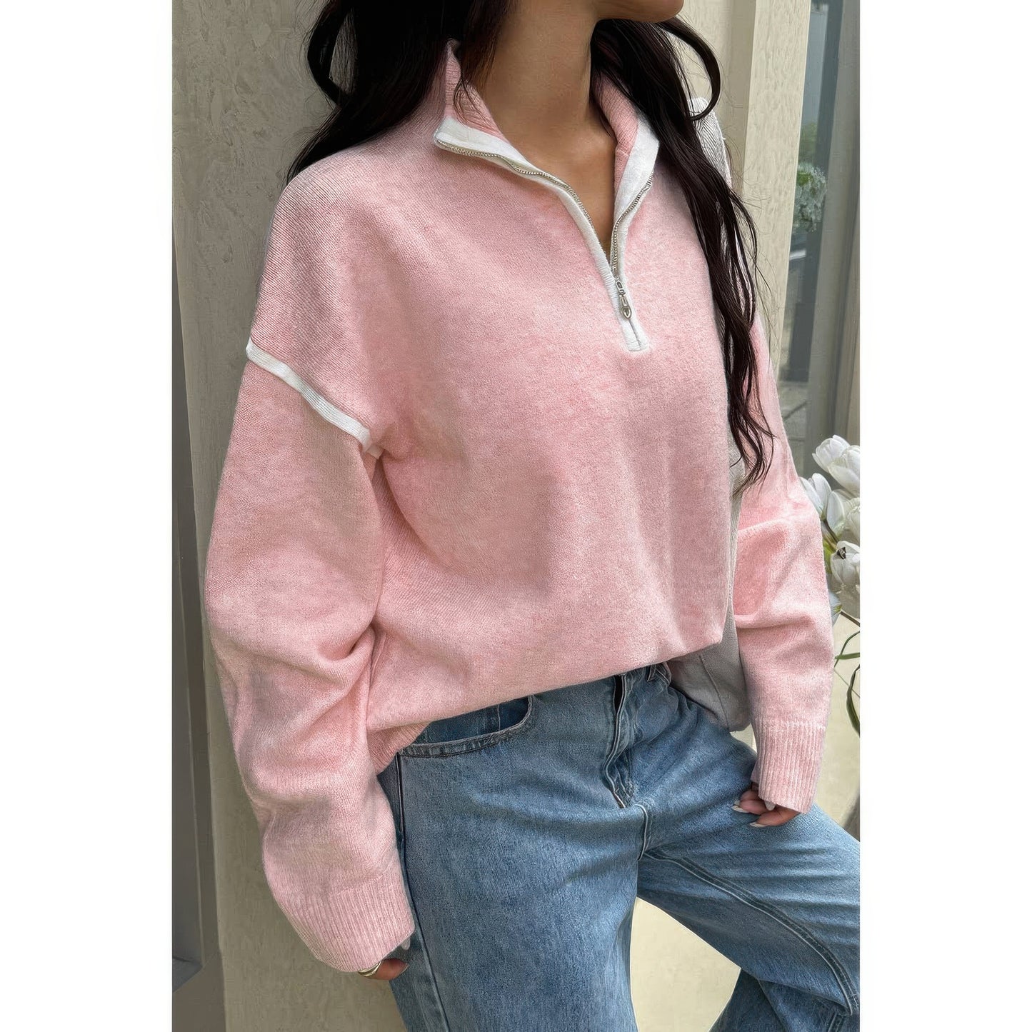 Zip Up V Neck Lapel Collar Loose Sweatshirt