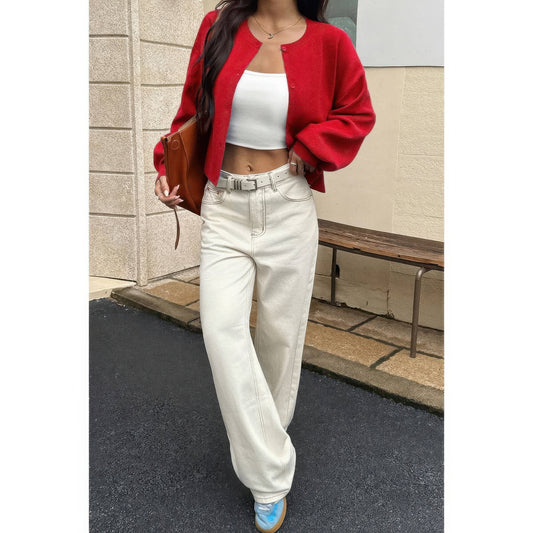Knit Solid Round Neck Button Down Cardigan