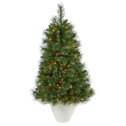 50" Gold Tip Xmas Tree w/100 Clear Lights in White Planter