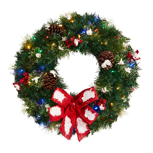 24" Snow Berry and Pinecone  Wreath wi/Bow and 50 MC LEDs