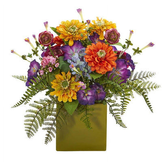 14" Mixed Floral Artificial Arrangement in Green Vase