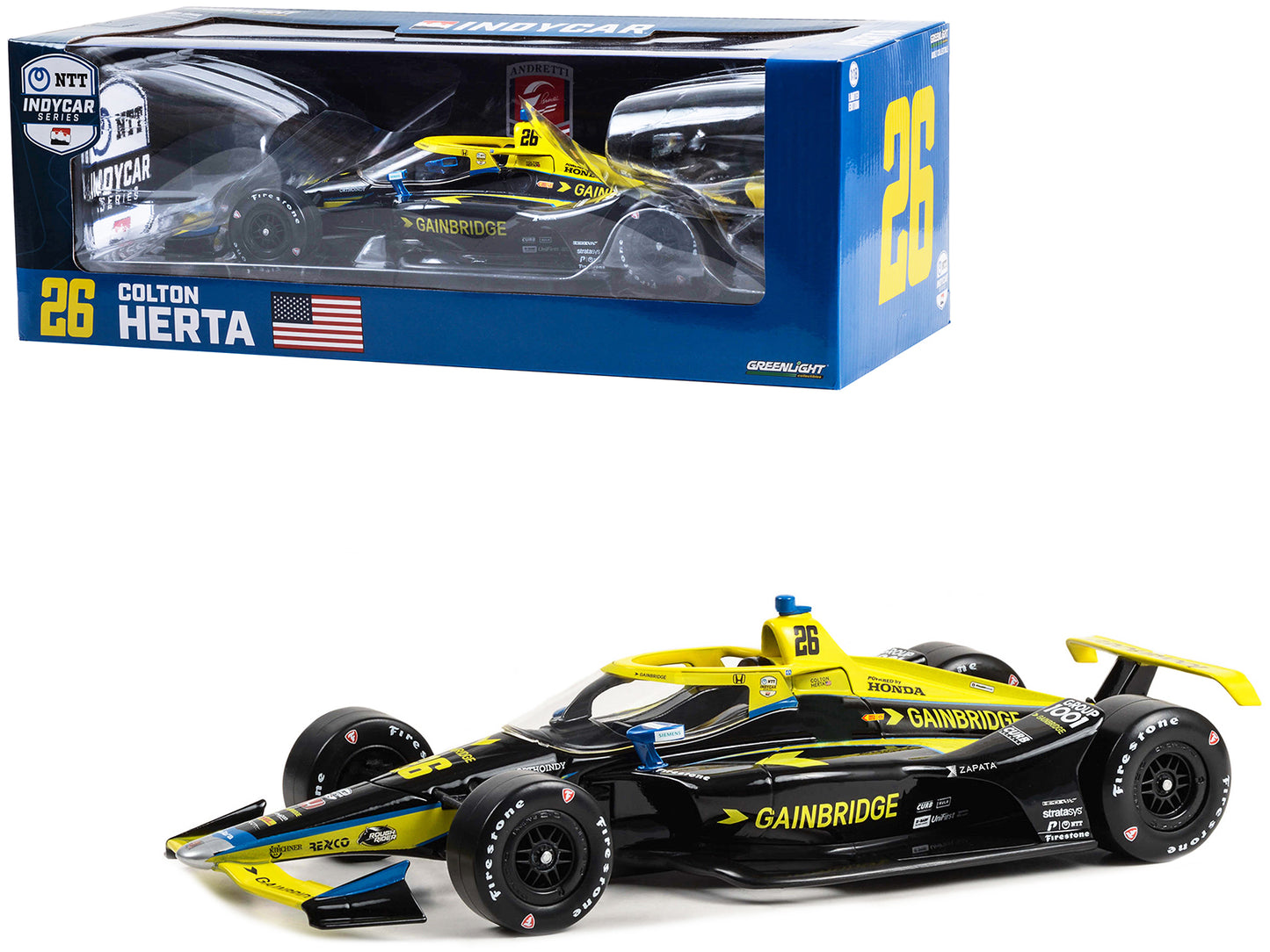 Greenlight Dallara IndyCar #26 Colton Herta "Gainbridge" Andretti Autosport "NTT IndyCar Series" (2023) 1/18 Diecast Model Car by Greenlight