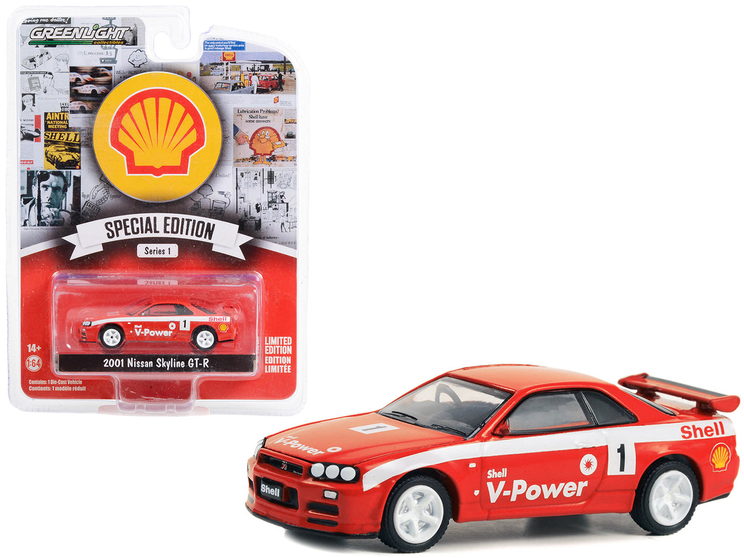 Greenlight 2001 Nissan Skyline GT-R (R34) #1 Red with White Stripes "Shell Racing" "Shell Oil Special Edition" Series 1 1/64 Diecast Model Car by Greenlight
