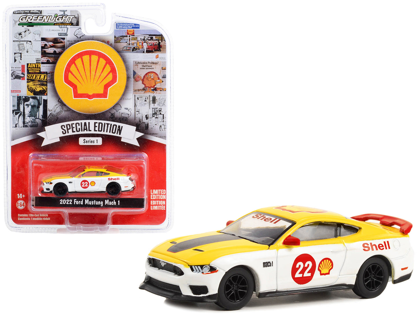 Greenlight 2022 Ford Mustang Mach 1 #22 Yellow and White "Shell Racing" "Shell Oil Special Edition" Series 1 1/64 Diecast Model Car by Greenlight